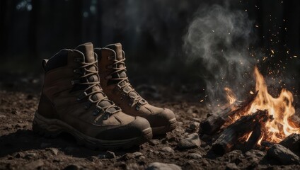 Fototapeta premium Hiking boots by a campfire in the woods.
