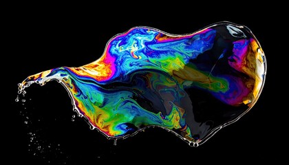 A close-up view of a vibrant soap bubble burst mid-air against a stark, black backdrop