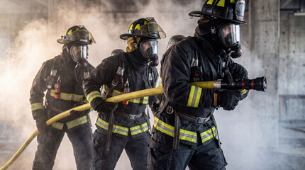 Fototapeta premium Three Firefighters Advancing with Hose Line