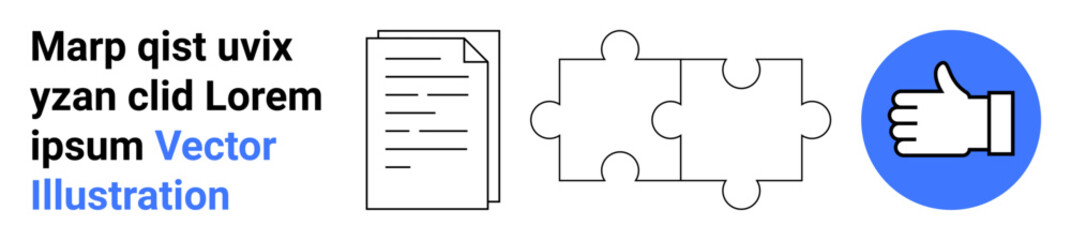 Obraz premium Teamwork, collaboration, approval, content creation, problem-solving, decision-making. A document, puzzle pieces and thumbs-up icon in bold flat style. Teamwork and collaboration concept