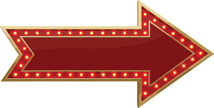 Retro Marquee Arrow Sign with Red Face and Glowing Gold Light Bulbs, Indicating Direction, Advertisement, and Theater Style Vector