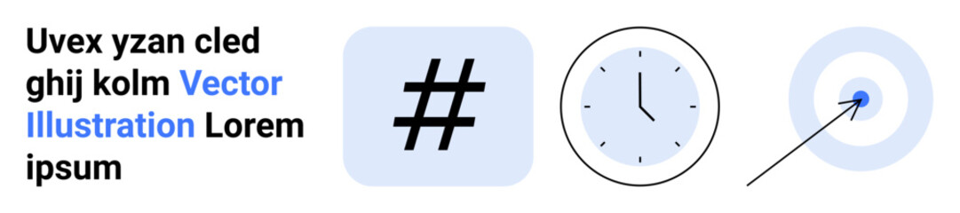 Bold metadata tag, analog clock, and dart hitting center of target. Ideal for social media, marketing, time planning, goals, branding, analytics simple landing page
