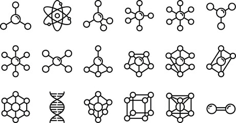 Molecular structure icons, atomic models, DNA helix, chemical bonding, molecule geometry, science symbols, chemistry vector set, black line © Md