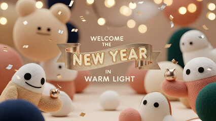 Warm and festive New Year celebration scene featuring cute plush characters, golden ribbon typography, falling confetti, and soft glowing lights in a cozy atmosphere
