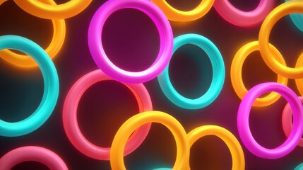 Vibrant Abstract Composition with Colorful Neon Rings on Dark Background for Modern Digital Art and Design Projects