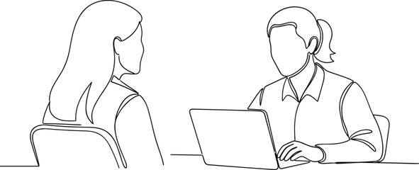 Continuous Line Drawing of Two Business People in an Interview or Meeting, Discussing Data and Working on a Laptop Computer
