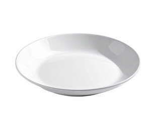A clean white ceramic plate is showcased against a simple white background, highlighting its minimalist design and smooth finish