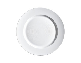 A simple white ceramic plate with a slightly raised rim, presented on a clean white background, showcasing its elegant and minimalist design