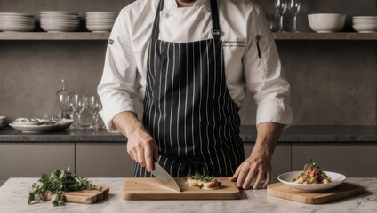 Chef preparing food in a professional kitchen, culinary expertise.