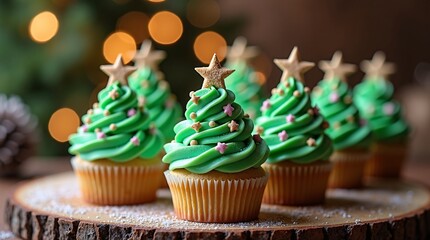 Christmas cupcakes decorated like Christmas trees with vibrant green frosting swirls, golden star cookie toppers, and colorful sprinkles.
