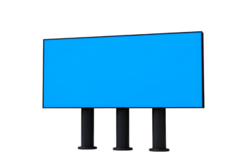 Large blue billboard on three black posts isolated on transparent background