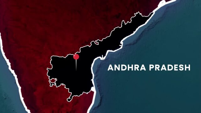 Andhra Pradesh state map highlight animation on India map, Andhra Pradesh outlined with location marker and label for geography visuals, news graphics, educational content, and regional presentation 