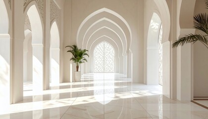 Bright, Luxurious Moroccan Corridor with Repeating Arches, White Walls, and Reflective Marble Floor