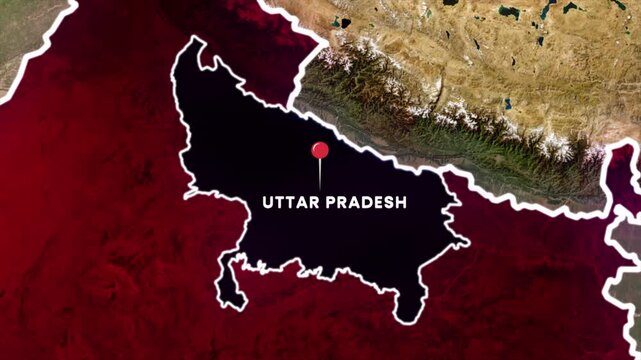 Uttar Pradesh state map highlight animation on India map, Uttar Pradesh outlined with location pin and label for geography visuals, news graphics, educational content, and regional presentation video