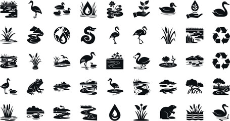 Collection of black silhouette icons featuring various animals and natural elements © RAC.Design-Magic