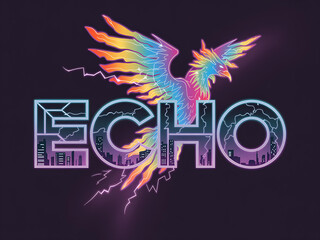 Phoenix bird over city skyline with ECHO text mythical legend