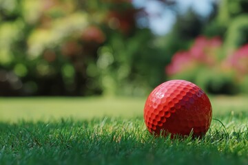 Naklejka premium Bright red golf ball resting on lush green grass under sunny skies, ready for the next swing on a beautiful day outdoors