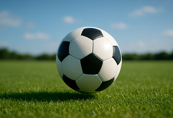 Fototapeta premium Soccer ball, Football, isolated in ground, blue horizon.