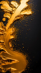 Abstract splash of liquid gold on a black background. Dynamic and luxurious design representing wealth, finance, and precious metal concepts.