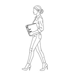 A line drawing of a woman in business attire, wearing jeans and heels, walking while holding a binder.