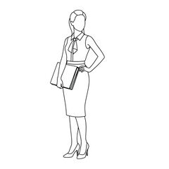 A line drawing of a woman in business attire, holding a folder and posing with her hand on her hip.