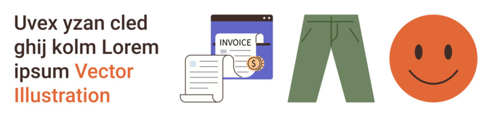Business documents, clothing, emotions, corporate messaging, invoices, financial tracking. Invoice and receipt icons, pants and a happy face. Business documents and clothing concept