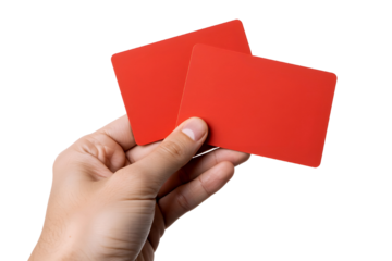 Hand holding two red business cards against white background isolated on transparent background