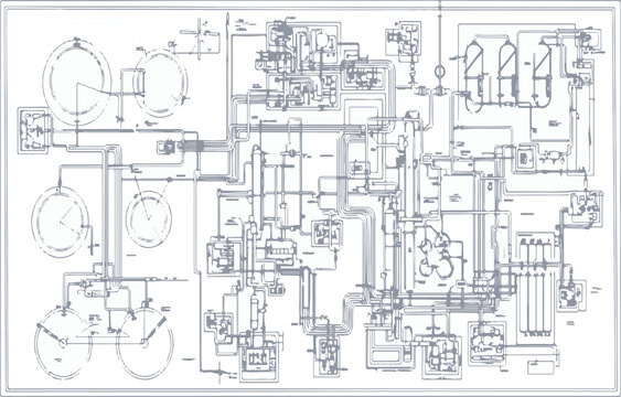 Complex technical engineering process diagram or schematic blueprint illustration