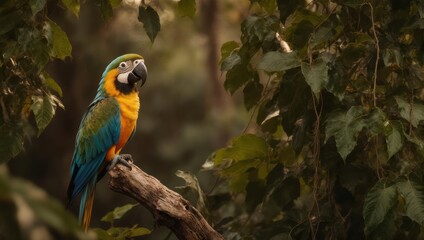 Colorful Parrot Perched on Branch in Lush Forest.