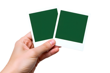 Hand holding two blank polaroid photos isolated on transparent background