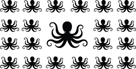 Octopus silhouette vector set, marine animal pattern design, sea creature illustration, ocean wildlife artwork, symmetrical graphic pack, aquatic concept collection © KailashChandra