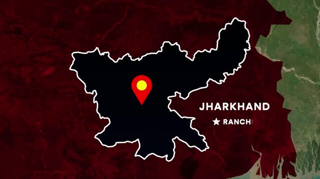 Jharkhand map highlight animation. Jharkhand state outlined on India map with location pin and Ranchi marker for news graphics, educational videos, geographic presentations, and motion graphics in 4K