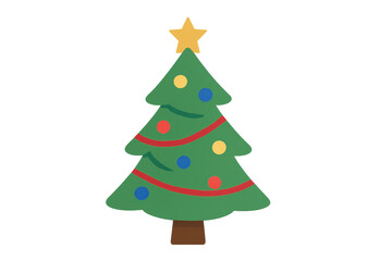 Christmas tree illustration with festive ornaments and star, celebrating winter holidays and season greetings