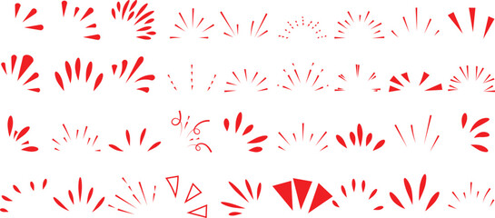 Collection of various red hand drawn sunburst rays and starburst elements for graphic design accents