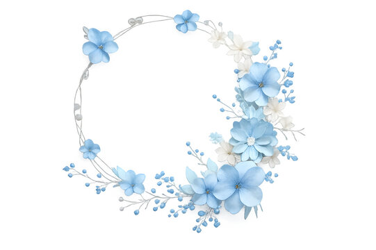 Elegant light blue and white flower wreath frame, delicate floral arrangement isolated on black background for wedding invitations or greeting cards.
