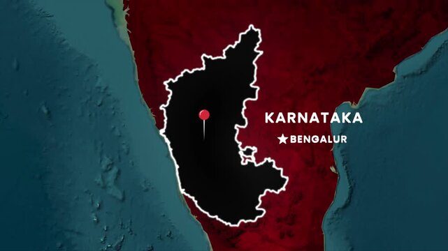 Karnataka map highlight animation. India state outline with glowing border, location pin on Bengaluru, regional label, and textured coastline background showing geographic identification