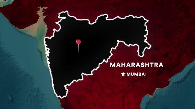 Maharashtra map highlight animation. India state outline with glowing border, location pin on Mumbai, regional label, and textured coastline background for geographic visualization