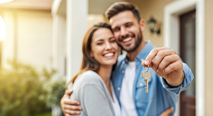 Happy couple celebrating new home ownership, holding keys together, embracing outdoors in front of their house, showcasing joy and excitement of moving into a new space