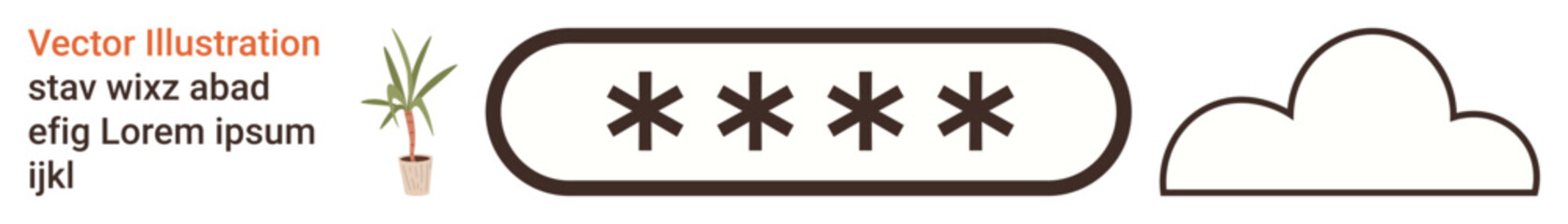 Data protection, cloud computing, cybersecurity, digital storage, password security, information technology. A password field with asterisks, cloud icon and potted plant. Cybersecurity and cloud