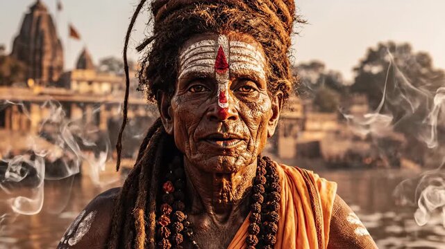 Portrait of an Indian Sadhu Holy Man Meditating by Ganges River