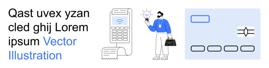 Financial technology, digital payments, innovation, business solutions, mobile transactions, e-commerce. A businessman holds a lightbulb near a payment terminal and abstract design of a card
