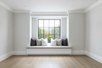 Fototapeta premium Bright and airy window seat with cushions in a calming modern interior setting, surrounded by nature