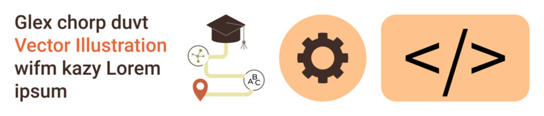 Online learning, programming, software development, coding education, IT learning, design tools. Graduation cap, gear coding symbols. Online learning and programming concept