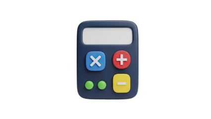 A 3D Illustration of a Dark Blue Calculator with a White Screen and Colorful Buttons Including Addition Subtraction Multiplication and Division Against a Transparent Background