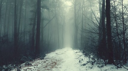 minimal snowy forest path, gentle fog, pale diffuse light, calm quiet mood