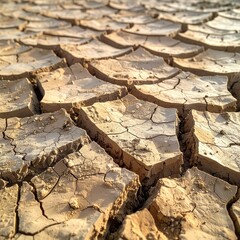 Fototapeta premium Dried earth, cracked and parched. A close-up view of arid land