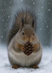 Fototapeta premium Squirrel holding pine cone snowing