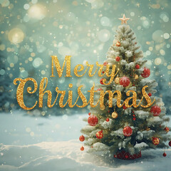 Merry Christmas greeting with a decorated tree glistening in a snowy winter wonderland