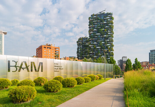 Milan, Italy - July 15, 2023: View of the logo of Biblioteca degli Alberi (BAM) with residential skyscrapers the Bosco Verticale (Vertical Forest) in the Porta Nuova district.