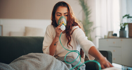 Asthma, couch and woman with nebulizer mask to inhale medicine, respiratory disease and health...